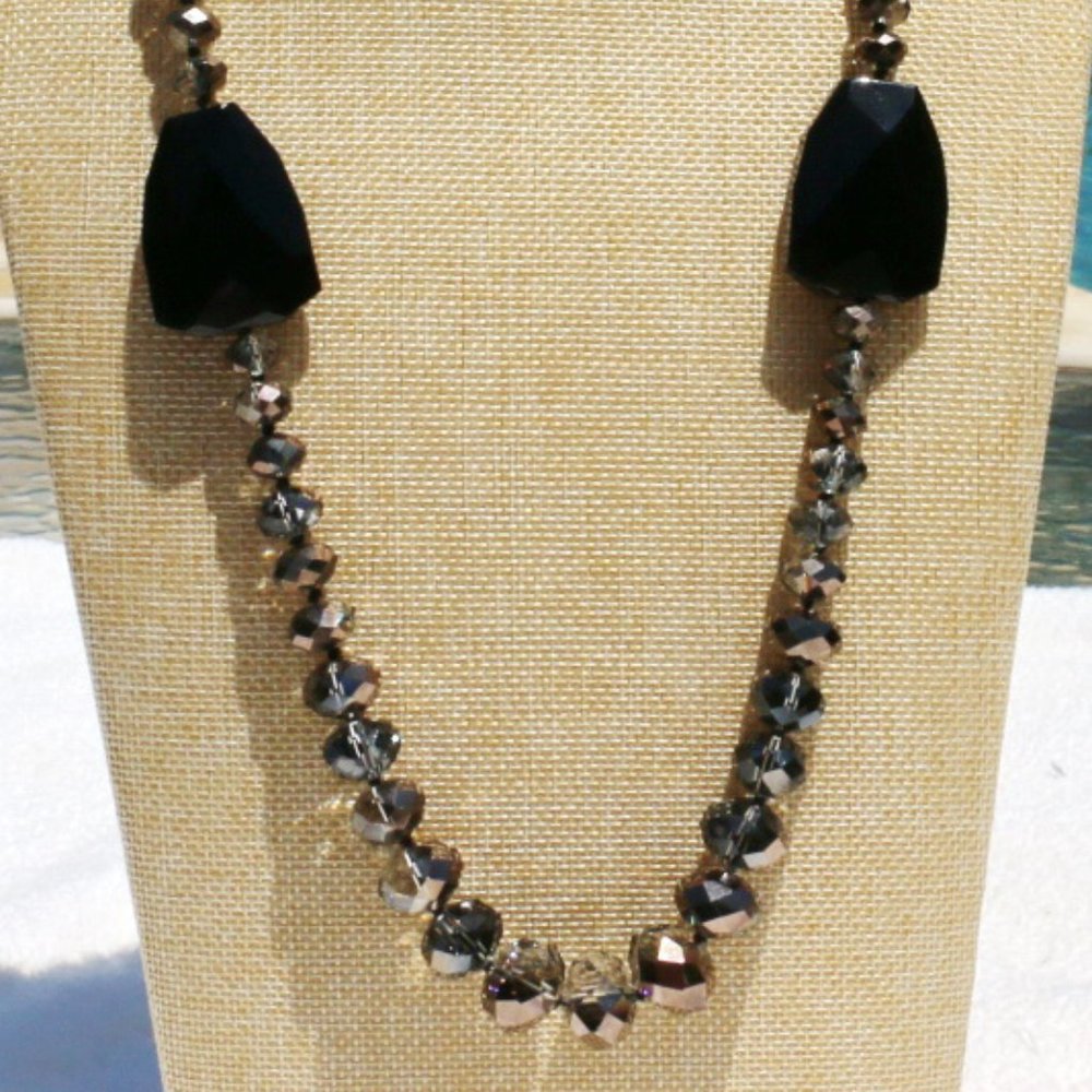Boho Necklace Black Bead & Smoky Crystal Statement